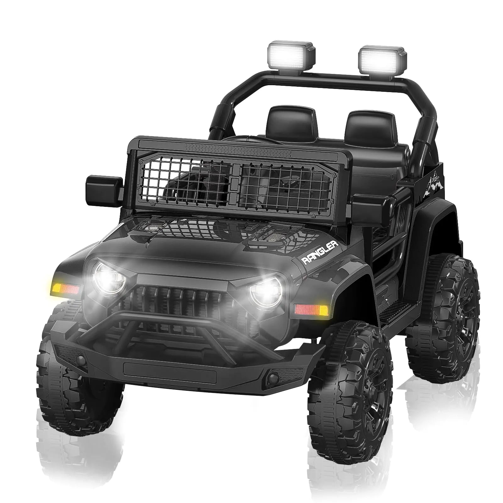 Kids Car Club™ SUV 4x4 Militar 12V – Control Parental, Suspensión de Muelles, Luces LED, Música y Marcha Reversa – Negro