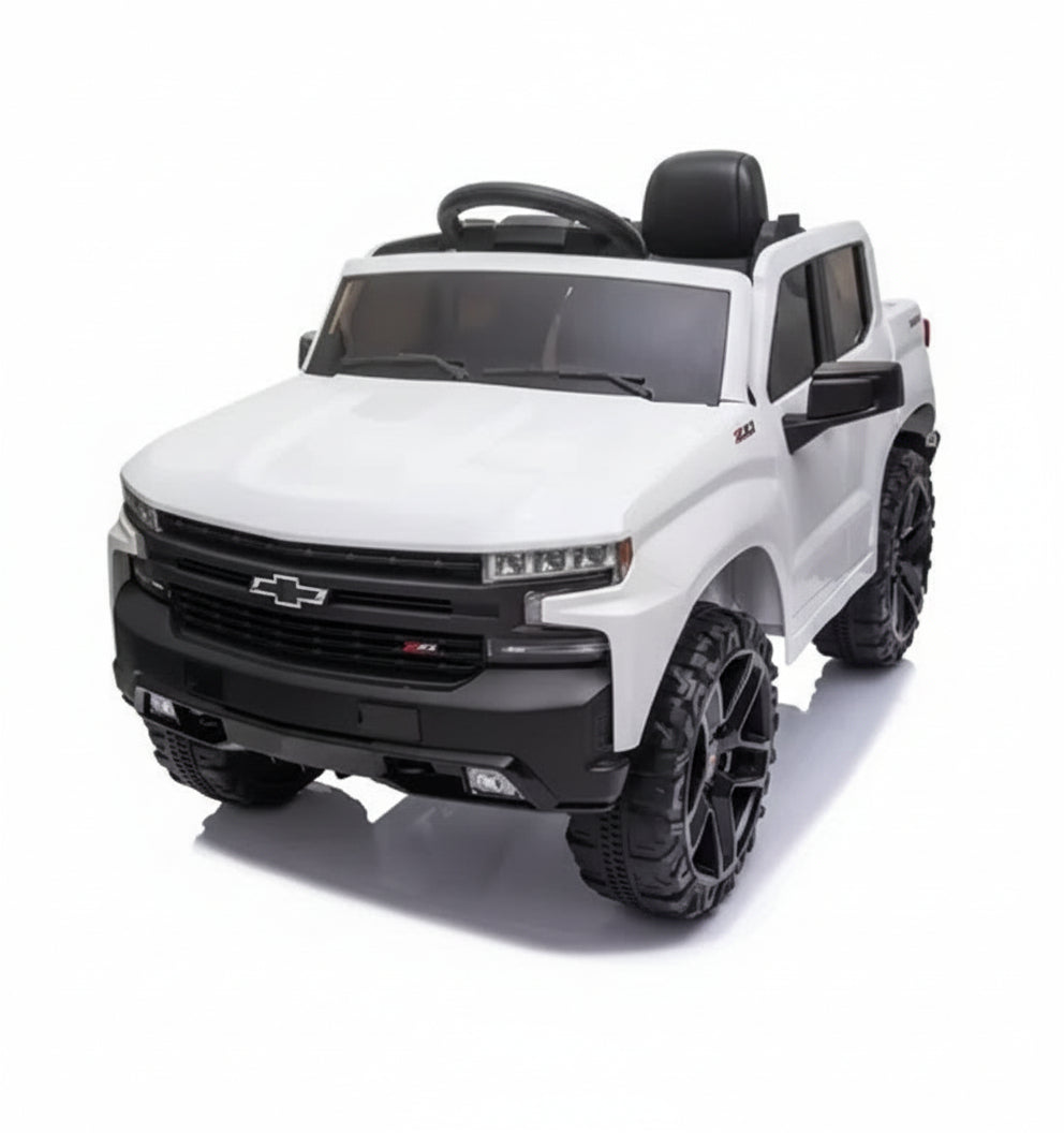 Kidzone 12V Batería Recargable Licencia Chevrolet Silverado Trail Boss LT Coche Eléctrico para Niños con Control Remoto, MP3 y Luces LED - Blanco