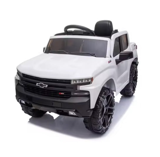 Kidzone 12V Batería Recargable Licencia Chevrolet Silverado Trail Boss LT Coche Eléctrico para Niños con Control Remoto, MP3 y Luces LED - Blanco