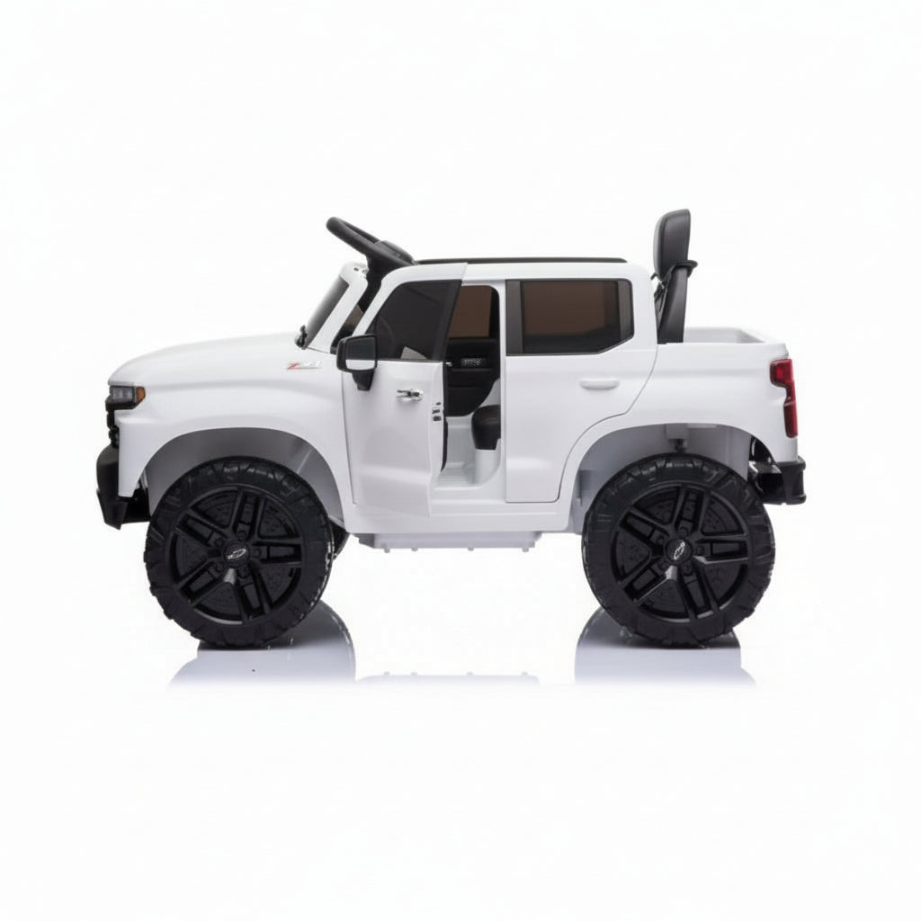 Kidzone 12V Batería Recargable Licencia Chevrolet Silverado Trail Boss LT Coche Eléctrico para Niños con Control Remoto, MP3 y Luces LED - Blanco
