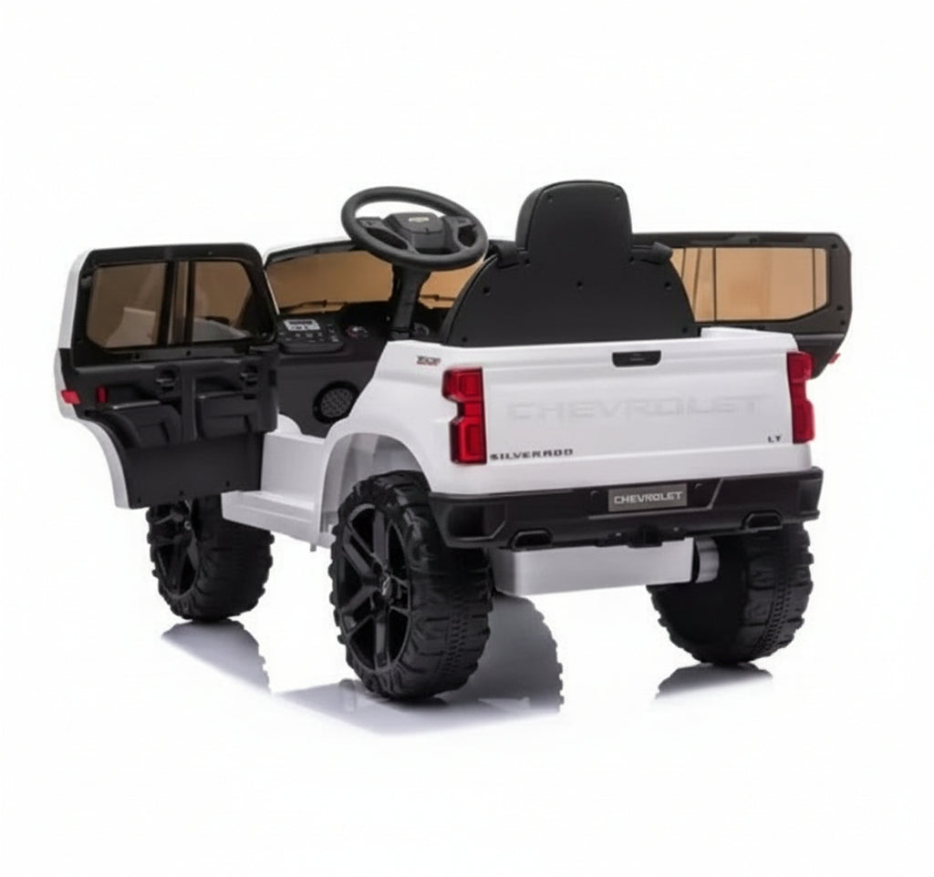 Kidzone 12V Batería Recargable Licencia Chevrolet Silverado Trail Boss LT Coche Eléctrico para Niños con Control Remoto, MP3 y Luces LED - Blanco