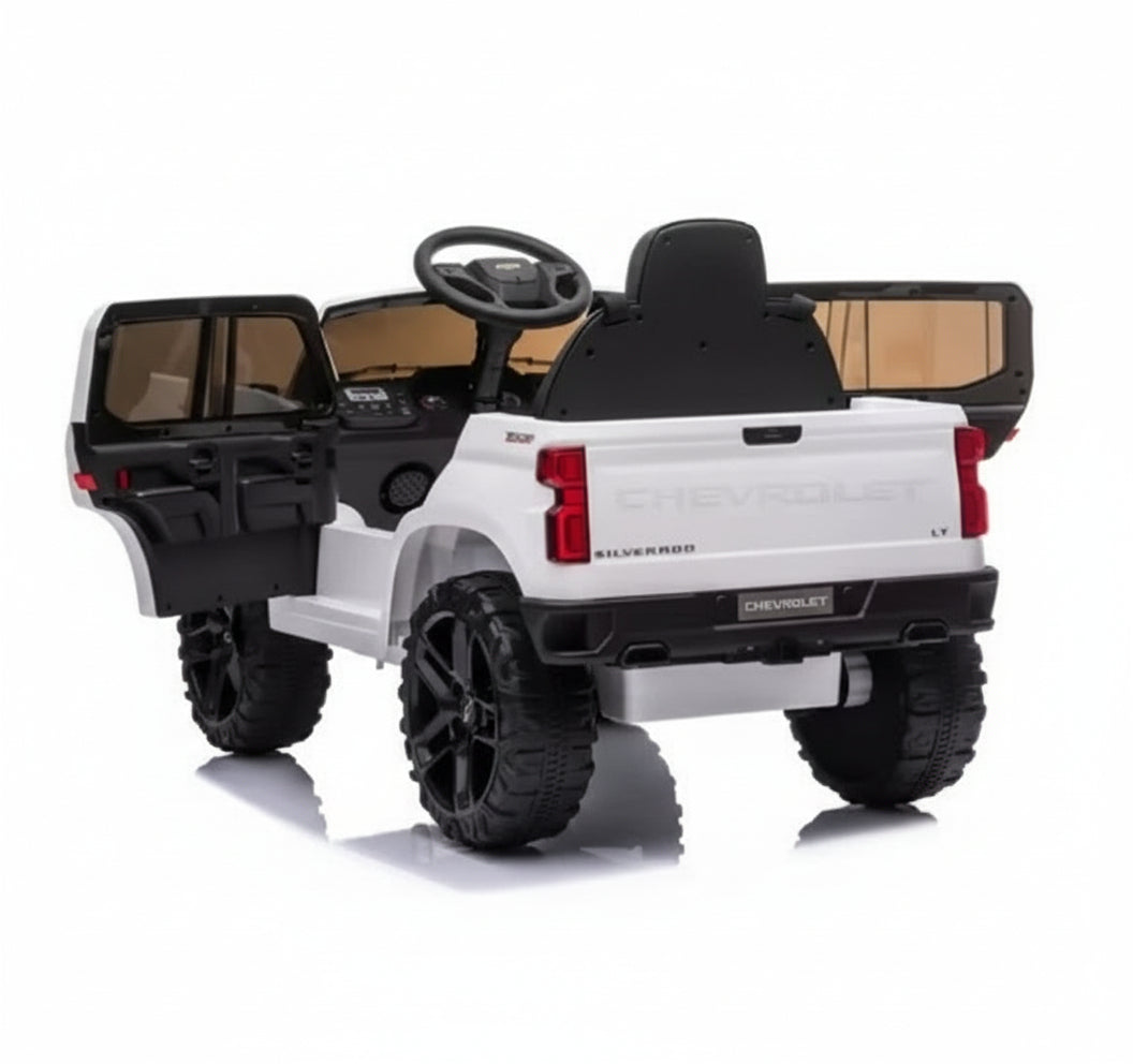 Kidzone 12V Batería Recargable Licencia Chevrolet Silverado Trail Boss LT Coche Eléctrico para Niños con Control Remoto, MP3 y Luces LED - Blanco