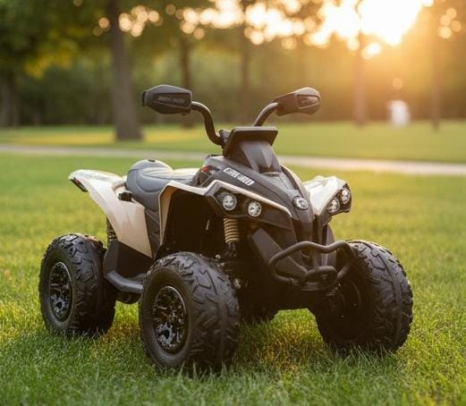 Hetoy 12V Juguete de Coche para Montar ATV para Niños Licencia Bombardier BRP Can-am Quad de 4 Ruedas Vehículo Eléctrico con Luces LED Suspensión Completa de Metal Música Bluetooth USB Neumáticos con Banda de Rodadura Color Caqui