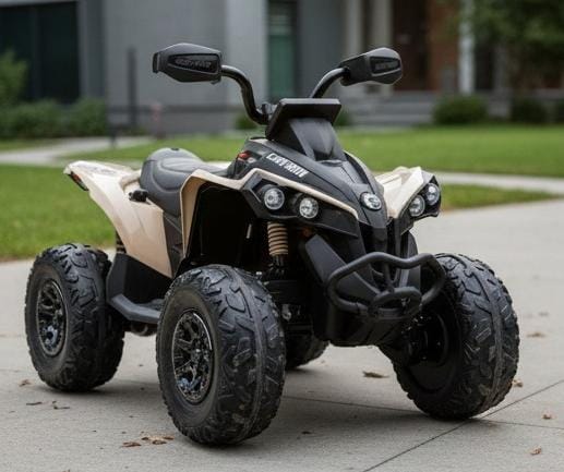 Hetoy 12V Juguete de Coche para Montar ATV para Niños Licencia Bombardier BRP Can-am Quad de 4 Ruedas Vehículo Eléctrico con Luces LED Suspensión Completa de Metal Música Bluetooth USB Neumáticos con Banda de Rodadura Color Caqui