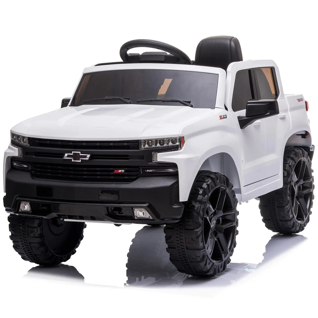 Kidzone 12V Batería Recargable Licencia Chevrolet Silverado Trail Boss LT Coche Eléctrico para Niños con Control Remoto, MP3 y Luces LED - Blanco