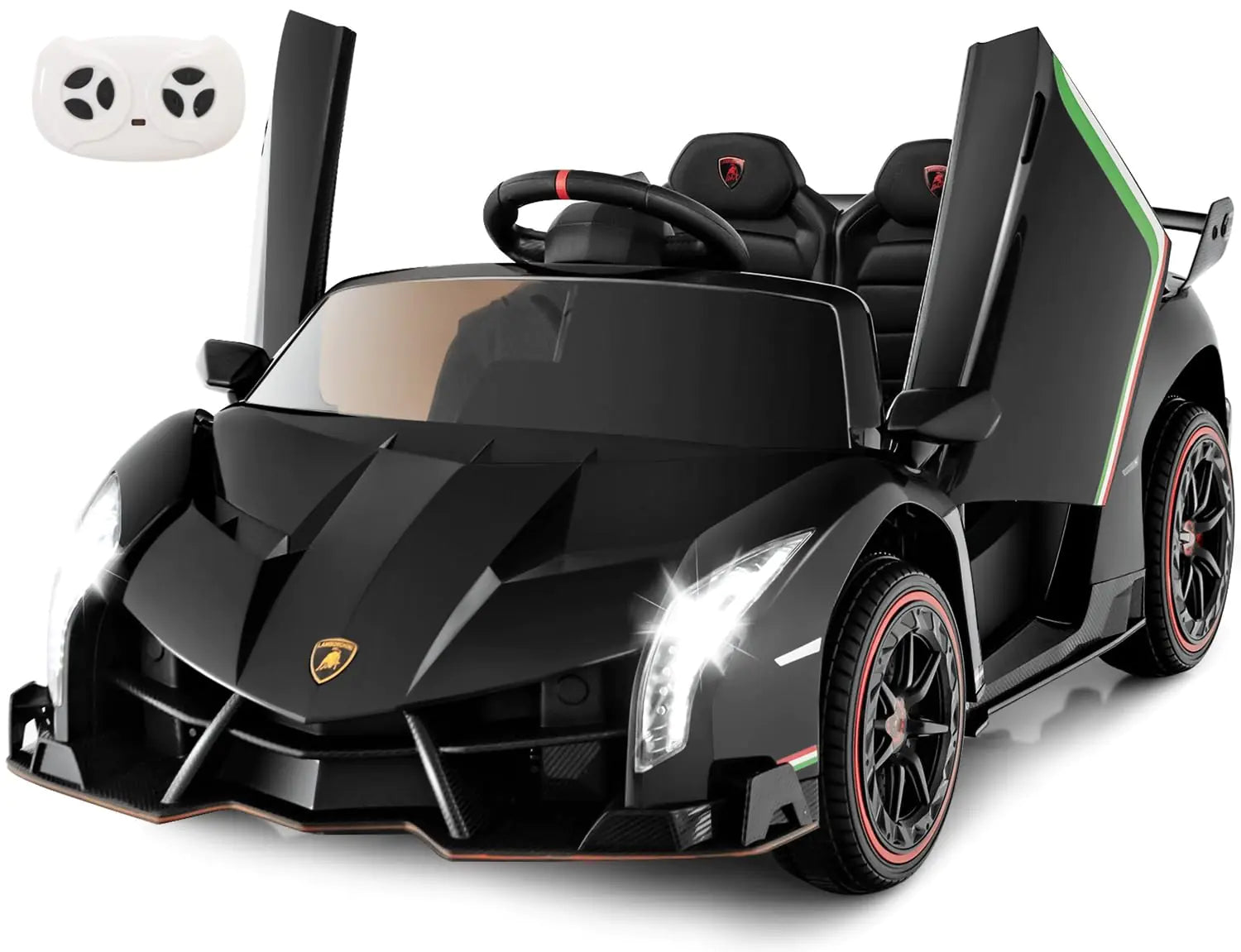 Carro Eléctrico Infantil 12V 4x4 Lamborghini Veneno – 2 Plazas, Puertas Hidráulicas, Control Remoto, Luces LED, Música – Negro (3–8 años)