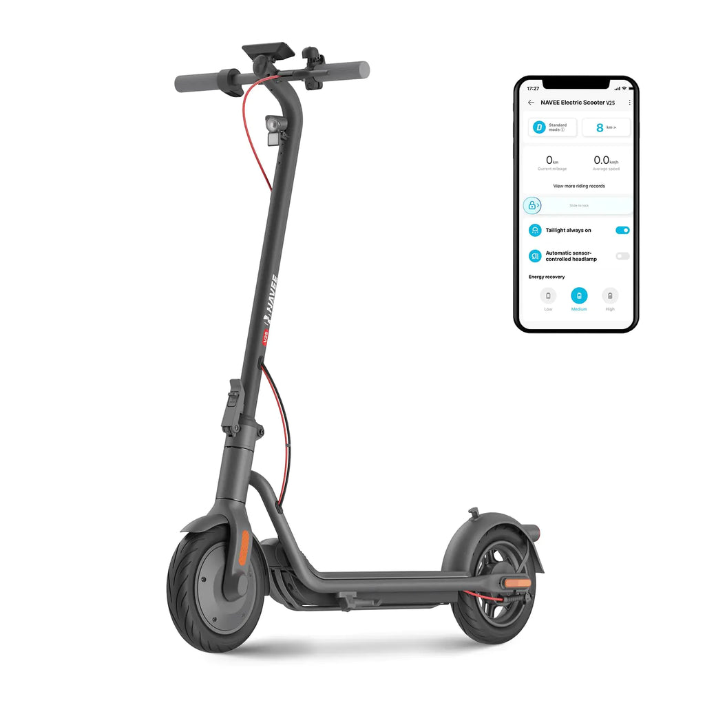 Patinete Eléctrico NAVEE V25 con Motor de 600W, Máxima Potencia hasta 19 MPH, Autonomía de 15.5 Millas y Neumáticos Neumáticos de 10 Pulgadas, Plegable y Ligero, Ideal para Estudiantes Universitarios y Amantes de los Scooters