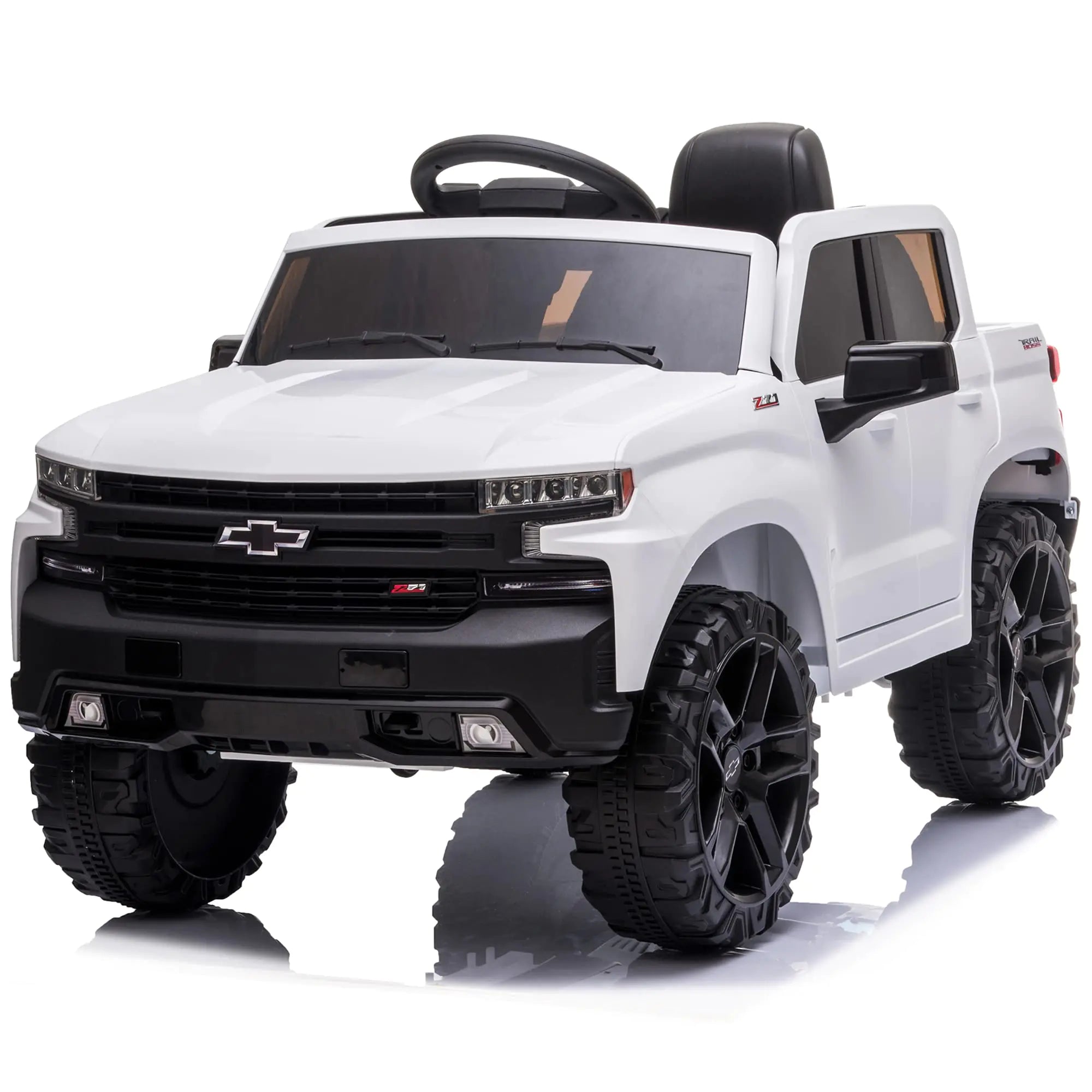 Kidzone 12V Batería Recargable Licencia Chevrolet Silverado Trail Boss LT Coche Eléctrico para Niños con Control Remoto, MP3 y Luces LED - Blanco