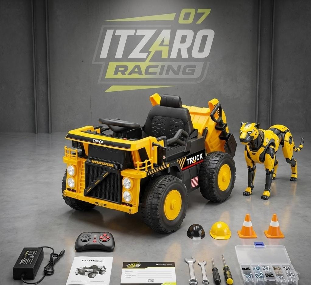 ELEMARA Coche Montable para Niños, Camión Volcador con Pala y Cama Elevadora, 12V Control Remoto, Vehículo de Construcción a Batería, Coches Eléctricos con Bluetooth y Música, Coche para Conducir Niños - Negro