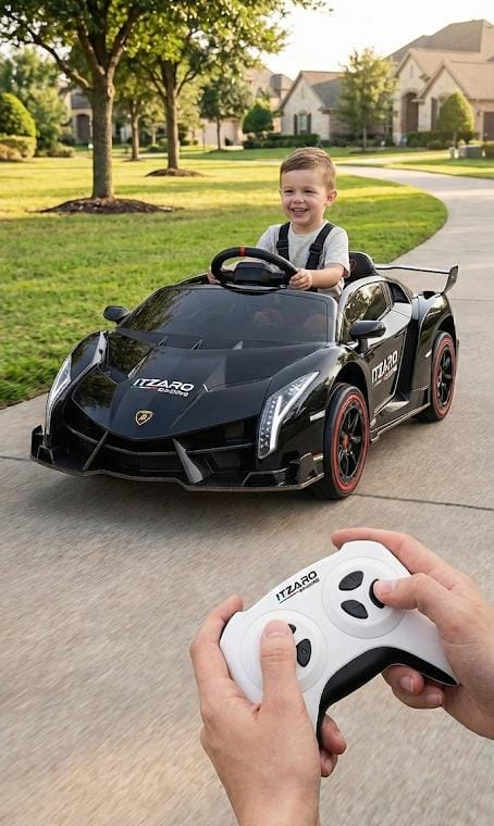 Carro Eléctrico Infantil 12V 4x4 Lamborghini Veneno – 2 Plazas, Puertas Hidráulicas, Control Remoto, Luces LED, Música – Negro (3–8 años)