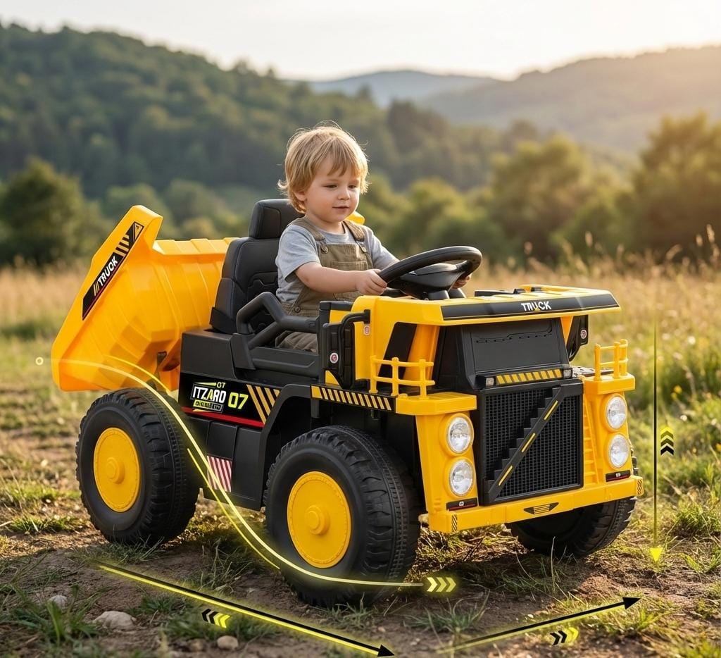 ELEMARA Coche Montable para Niños, Camión Volcador con Pala y Cama Elevadora, 12V Control Remoto, Vehículo de Construcción a Batería, Coches Eléctricos con Bluetooth y Música, Coche para Conducir Niños - Negro