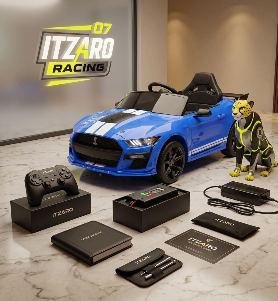 Ford Mustang Shelby GT500 12V 7AH para Niños – Auto Eléctrico con Licencia | Luces LED, Bluetooth, 3 Velocidades, Control Parental y Asiento Amplio – Azul