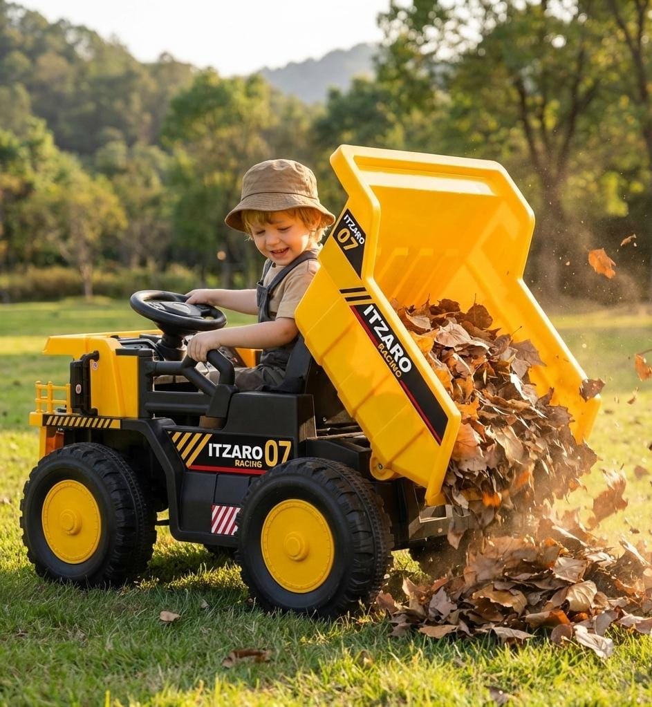 ELEMARA Coche Montable para Niños, Camión Volcador con Pala y Cama Elevadora, 12V Control Remoto, Vehículo de Construcción a Batería, Coches Eléctricos con Bluetooth y Música, Coche para Conducir Niños - Negro
