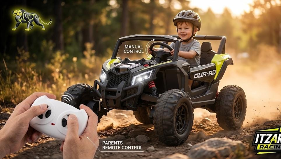 Juguetes para Montar para Niños 4-8 Doble Asiento UTV con Control Remoto Vehículos Eléctricos con Bocina 3 Velocidades Luces LED Reproductor MP3 Puertas que se Abren Cinturón de Seguridad (Negro)