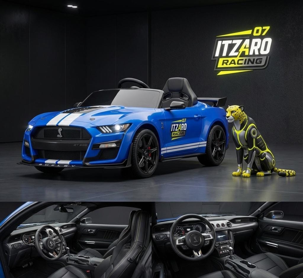 Ford Mustang Shelby GT500 12V 7AH para Niños – Auto Eléctrico con Licencia | Luces LED, Bluetooth, 3 Velocidades, Control Parental y Asiento Amplio – Azul