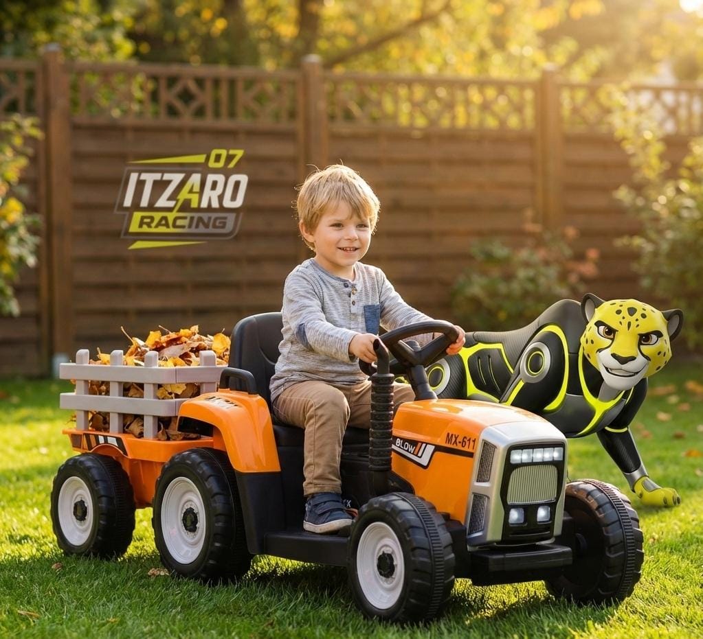 Kids Car Club™ Tractor Eléctrico 12V con Remolque – Música, Control Parental y Asiento de Seguridad (3–6 años)