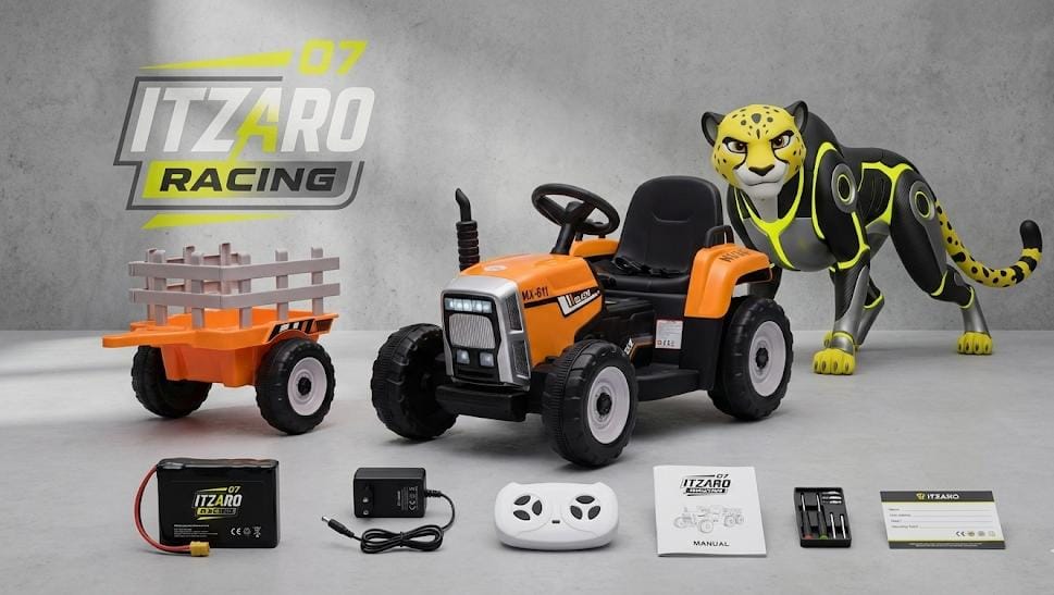 Kids Car Club™ Tractor Eléctrico 12V con Remolque – Música, Control Parental y Asiento de Seguridad (3–6 años)