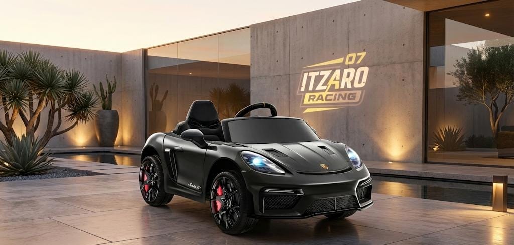 Primer Coche Eléctrico Porsche 718 Licenciado de 12V para Niños, Juguetes para Montar aptos para Niños Pequeños, Coche con Control Remoto para Padres, Luces LED, Puertas que se Abren, Reproductor de MP3, Arranque Suave y 3 Velocidades (Negro)