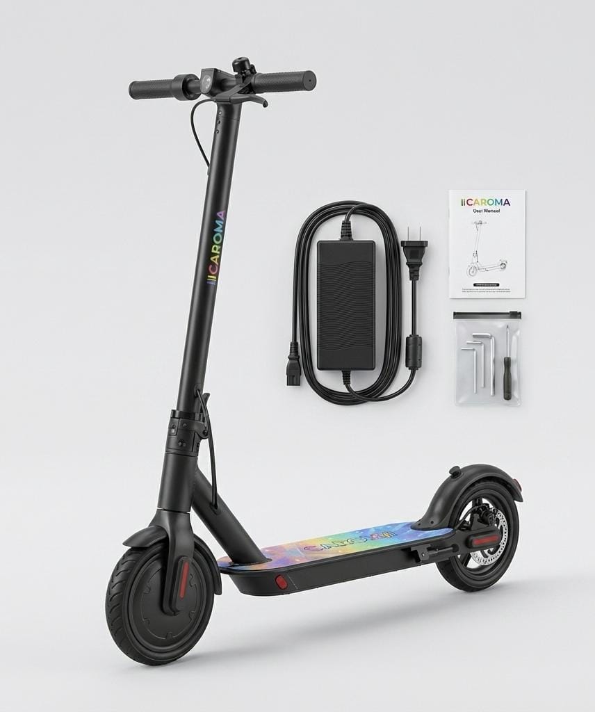 Caroma Scooter Eléctrico para Adultos, Motor de 250W, Alcance Máximo de 15.5 Millas y Velocidad Máxima de 15.5 Mph, Neumáticos de 6.5", Scooter Eléctrico Plegable Portátil con Sistema de Frenos (Negro)
