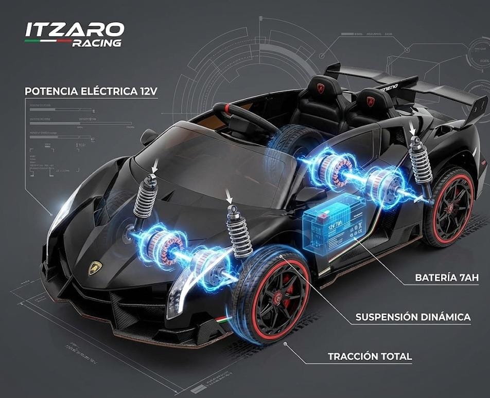 Carro Eléctrico Infantil 12V 4x4 Lamborghini Veneno – 2 Plazas, Puertas Hidráulicas, Control Remoto, Luces LED, Música – Negro (3–8 años)