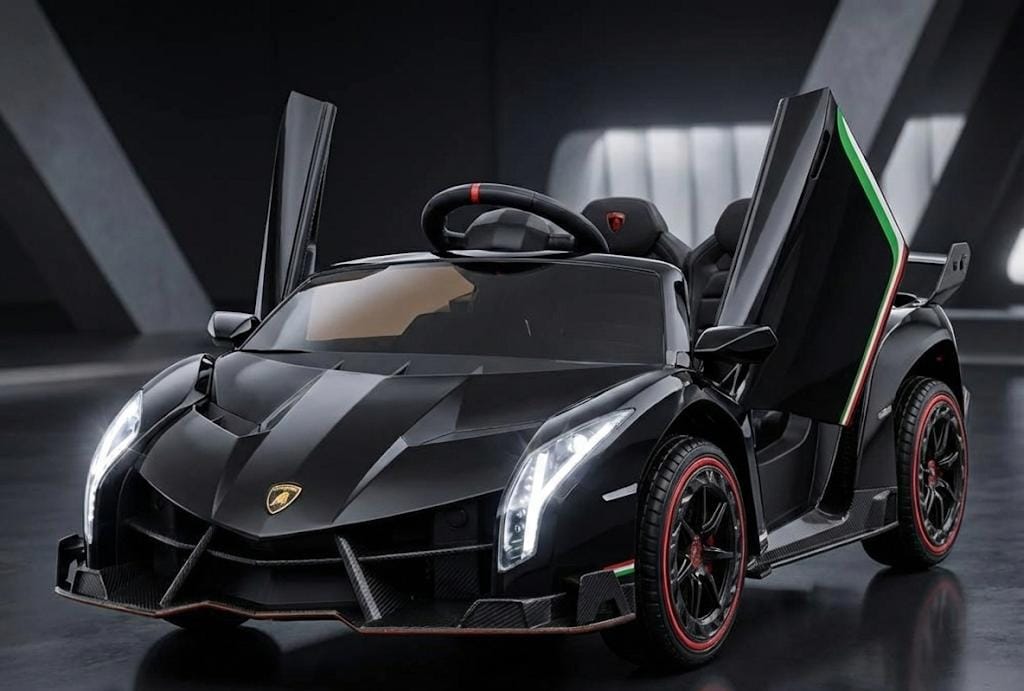 Carro Eléctrico Infantil 12V 4x4 Lamborghini Veneno – 2 Plazas, Puertas Hidráulicas, Control Remoto, Luces LED, Música – Negro (3–8 años)