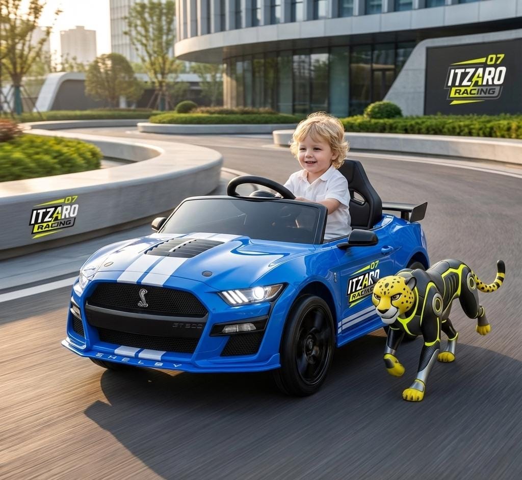 Ford Mustang Shelby GT500 12V 7AH para Niños – Auto Eléctrico con Licencia | Luces LED, Bluetooth, 3 Velocidades, Control Parental y Asiento Amplio – Azul
