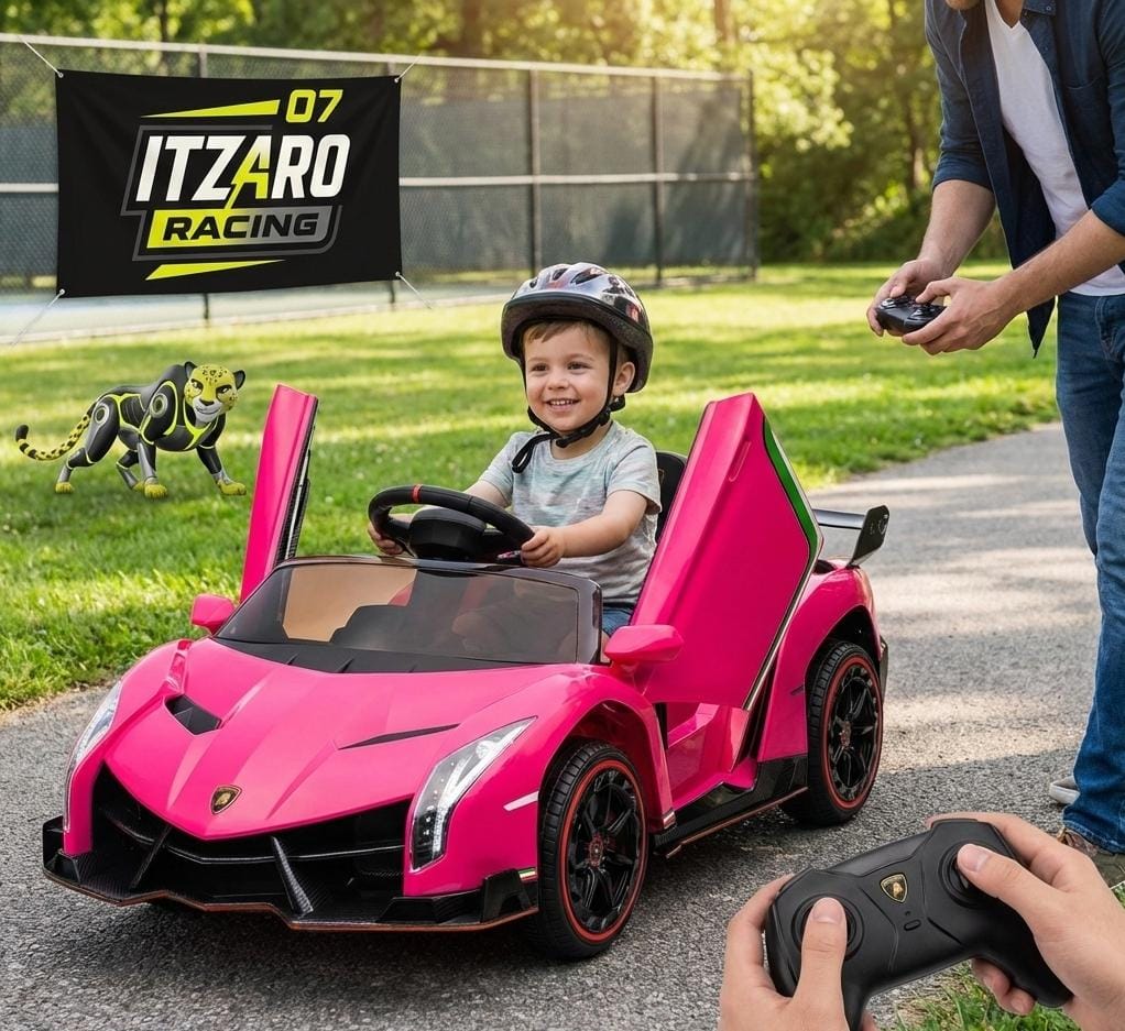 Carro Eléctrico Infantil 12V Lamborghini Veneno – Control Remoto, Puertas Hidráulicas, Luces LED, Bocina, Música – Rosa (3–8 años)
