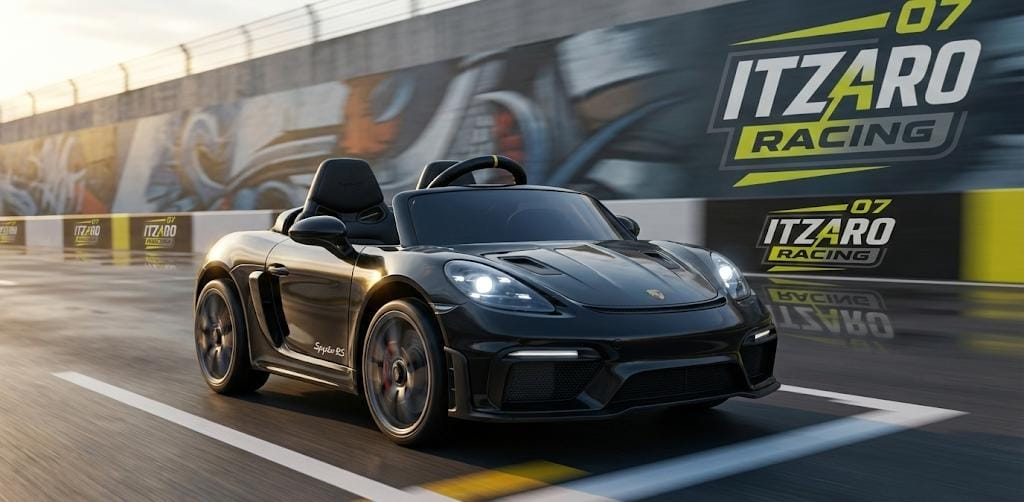 Primer Coche Eléctrico Porsche 718 Licenciado de 12V para Niños, Juguetes para Montar aptos para Niños Pequeños, Coche con Control Remoto para Padres, Luces LED, Puertas que se Abren, Reproductor de MP3, Arranque Suave y 3 Velocidades (Negro)