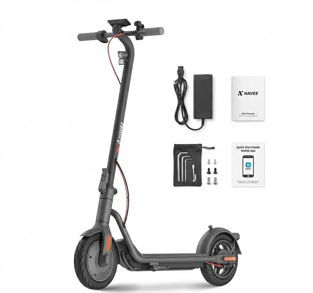 Patinete Eléctrico NAVEE V25 con Motor de 600W, Máxima Potencia hasta 19 MPH, Autonomía de 15.5 Millas y Neumáticos Neumáticos de 10 Pulgadas, Plegable y Ligero, Ideal para Estudiantes Universitarios y Amantes de los Scooters