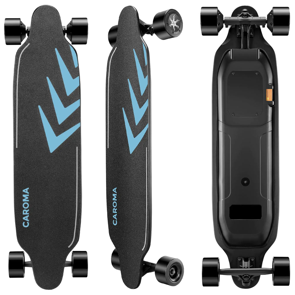 Caroma Skateboard Eléctrico con Control Remoto 1200W Longboard Eléctrico Velocidad Máxima de 28 Mph y Alcance de 16 Millas, Carga Máxima de 300lbs, Papel de Lija Luminoso Adecuado para Adultos y Adolescentes Principiantes (Azul)